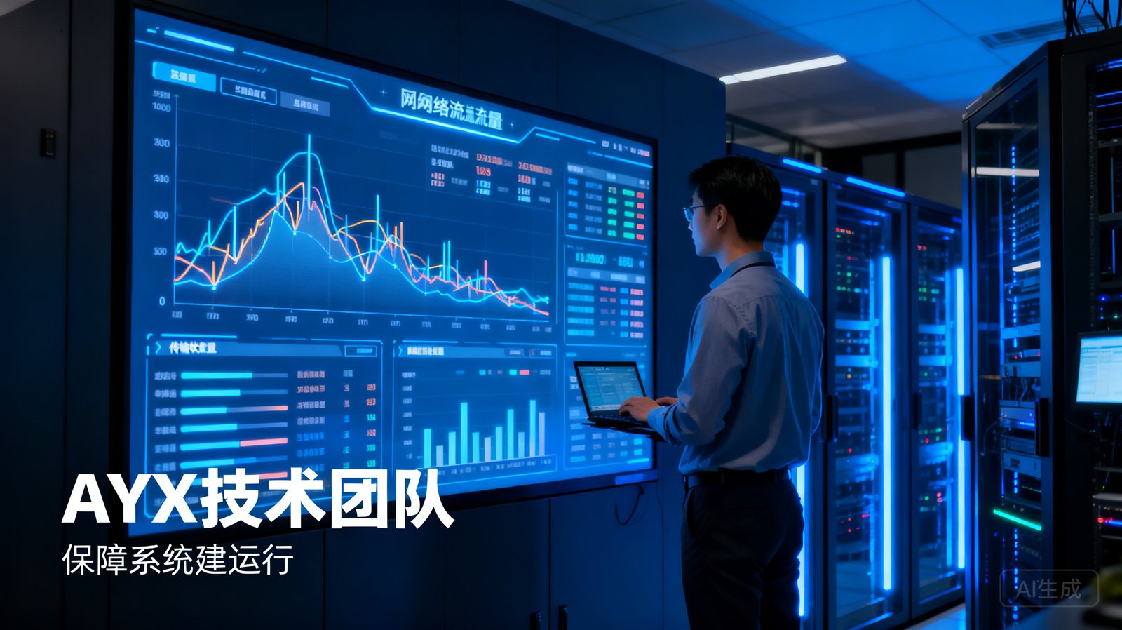 技术工程师在数据中心监控大屏前工作，屏幕上显示网络流量和数据传输状态，AYX技术团队保障稳定运行