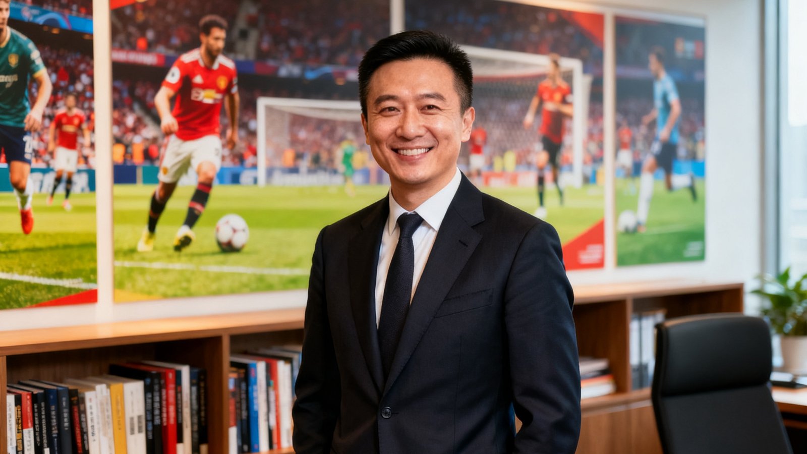 爱游戏体育创始人兼CEO张明，身穿深色西装站在办公室书架前，面带自信微笑，背景是体育赛事海报