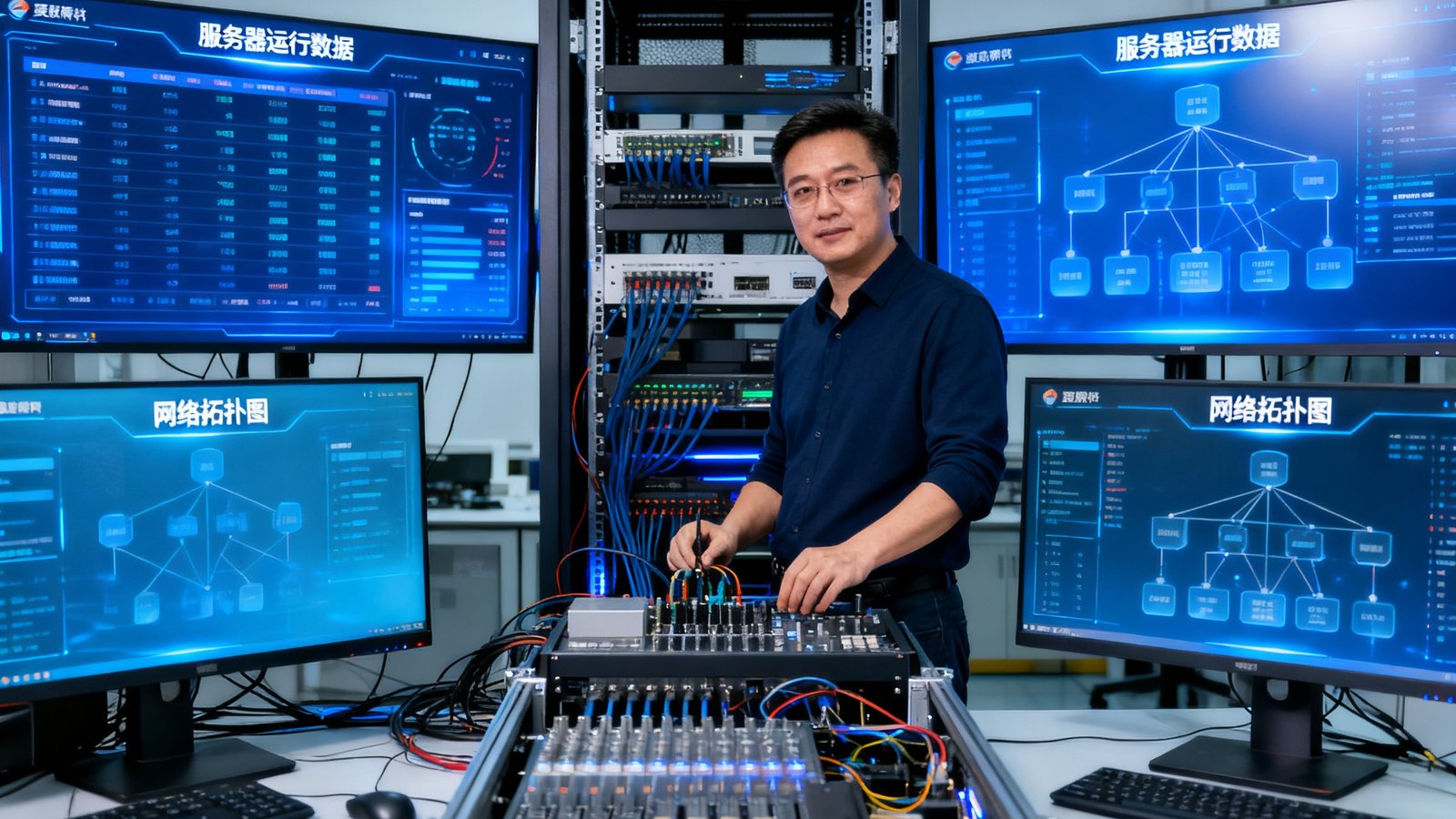 爱游戏体育CTO陈涛，在技术实验室里调试设备，周围屏幕显示着服务器运行数据和网络拓扑图